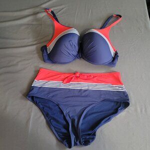 La Vie En Rose Aqua Bikini Set Womens D/XXL Blue Striped High Waisted Swimsuit